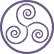 A circular design with three interlocked spirals in purple. The spirals are evenly spaced and connected at their centers, forming a triskelion pattern within a circular border to represent space element